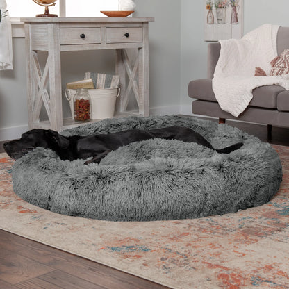 45" round Calming Donut Dog Bed with Washable & Removable Cover & Bolster - Shaggy Plush Long Faux Fur Ball Bed - Gray, for Dogs up to 90 Lbs, Jumbo/Xl