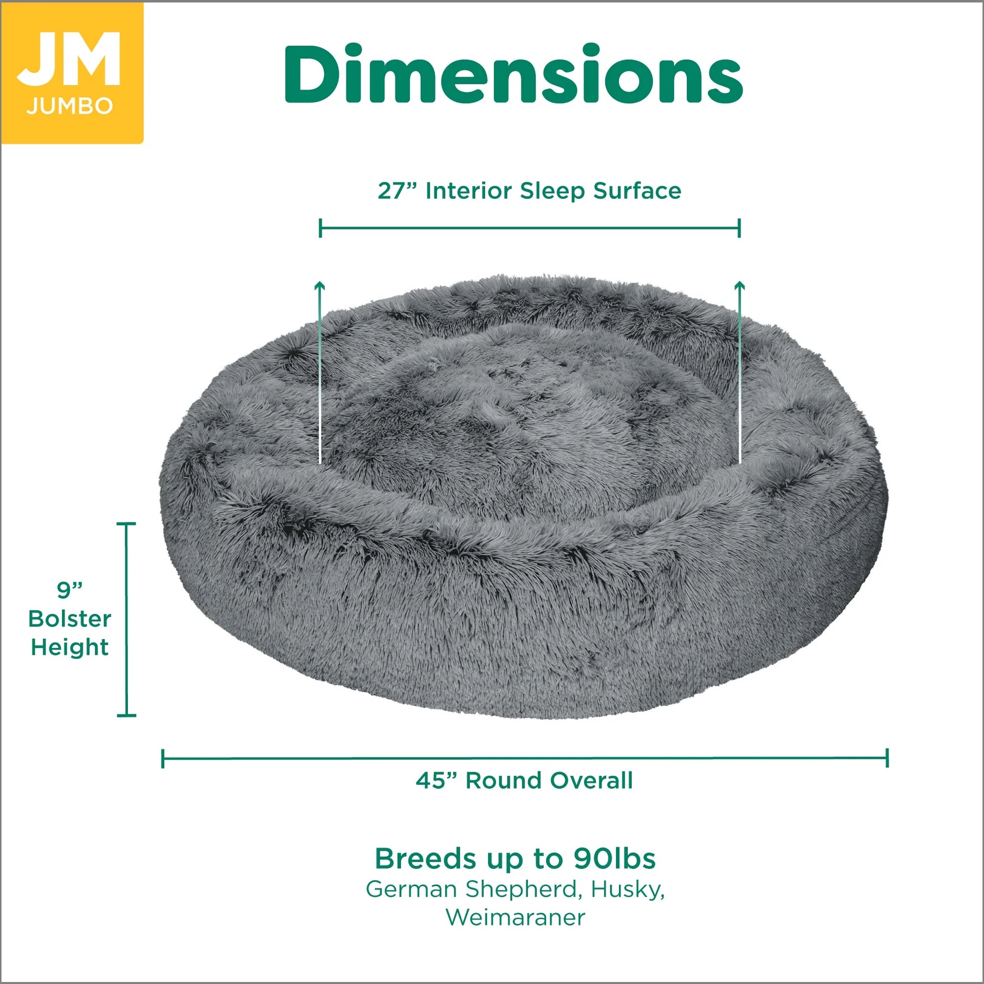 45" round Calming Donut Dog Bed with Washable & Removable Cover & Bolster - Shaggy Plush Long Faux Fur Ball Bed - Gray, for Dogs up to 90 Lbs, Jumbo/Xl