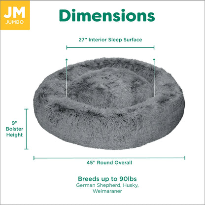 45" round Calming Donut Dog Bed with Washable & Removable Cover & Bolster - Shaggy Plush Long Faux Fur Ball Bed - Gray, for Dogs up to 90 Lbs, Jumbo/Xl