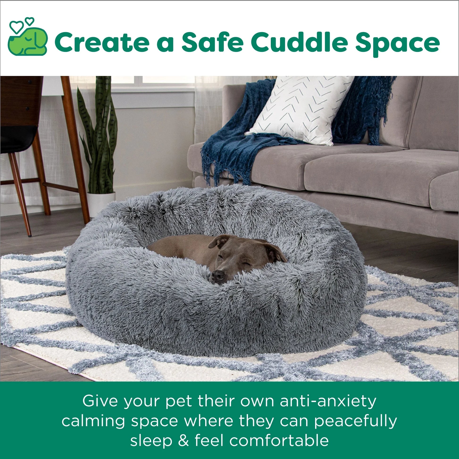 45" round Calming Donut Dog Bed with Washable & Removable Cover & Bolster - Shaggy Plush Long Faux Fur Ball Bed - Gray, for Dogs up to 90 Lbs, Jumbo/Xl