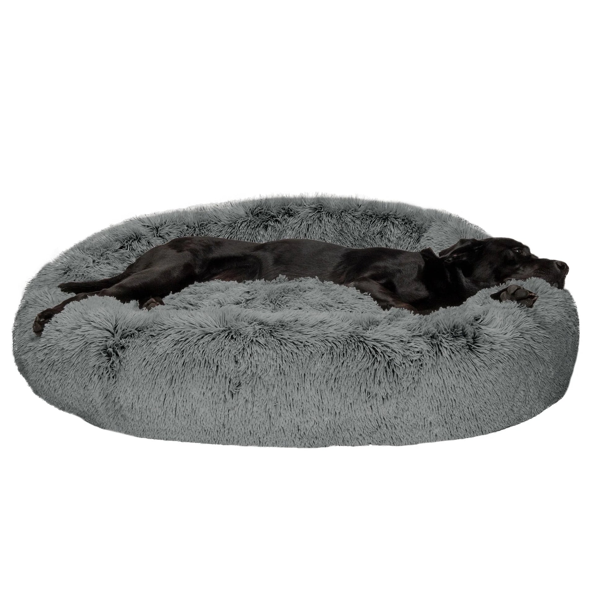 45" round Calming Donut Dog Bed with Washable & Removable Cover & Bolster - Shaggy Plush Long Faux Fur Ball Bed - Gray, for Dogs up to 90 Lbs, Jumbo/Xl