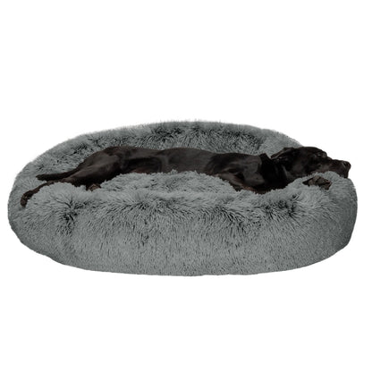 45" round Calming Donut Dog Bed with Washable & Removable Cover & Bolster - Shaggy Plush Long Faux Fur Ball Bed - Gray, for Dogs up to 90 Lbs, Jumbo/Xl
