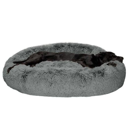 45" round Calming Donut Dog Bed with Washable & Removable Cover & Bolster - Shaggy Plush Long Faux Fur Ball Bed - Gray, for Dogs up to 90 Lbs, Jumbo/Xl
