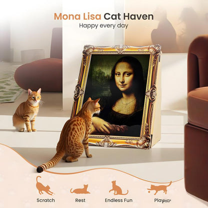 Vagascape Mona Lisa 4D Frame Cat House with Scratching Board, Famous Oil Painting Frame Cardboard Cat Bed, 2025 with Arm Front Panel, Easy-To-Assemble Bed Couch Cave Condo Creative Home Decoration