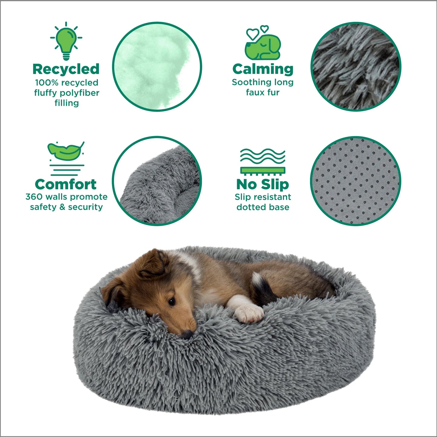 45" round Calming Donut Dog Bed with Washable & Removable Cover & Bolster - Shaggy Plush Long Faux Fur Ball Bed - Gray, for Dogs up to 90 Lbs, Jumbo/Xl