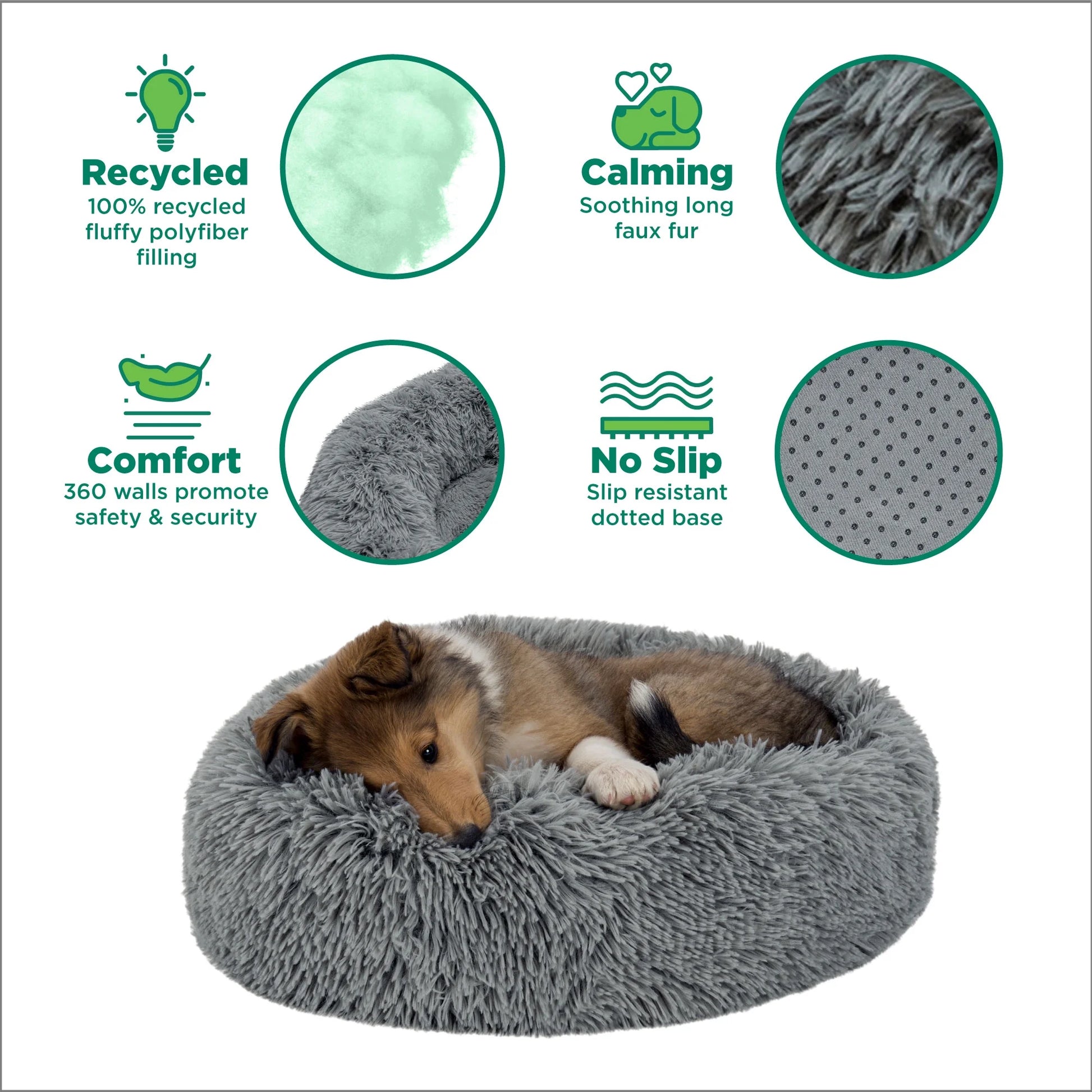 45" round Calming Donut Dog Bed with Washable & Removable Cover & Bolster - Shaggy Plush Long Faux Fur Ball Bed - Gray, for Dogs up to 90 Lbs, Jumbo/Xl