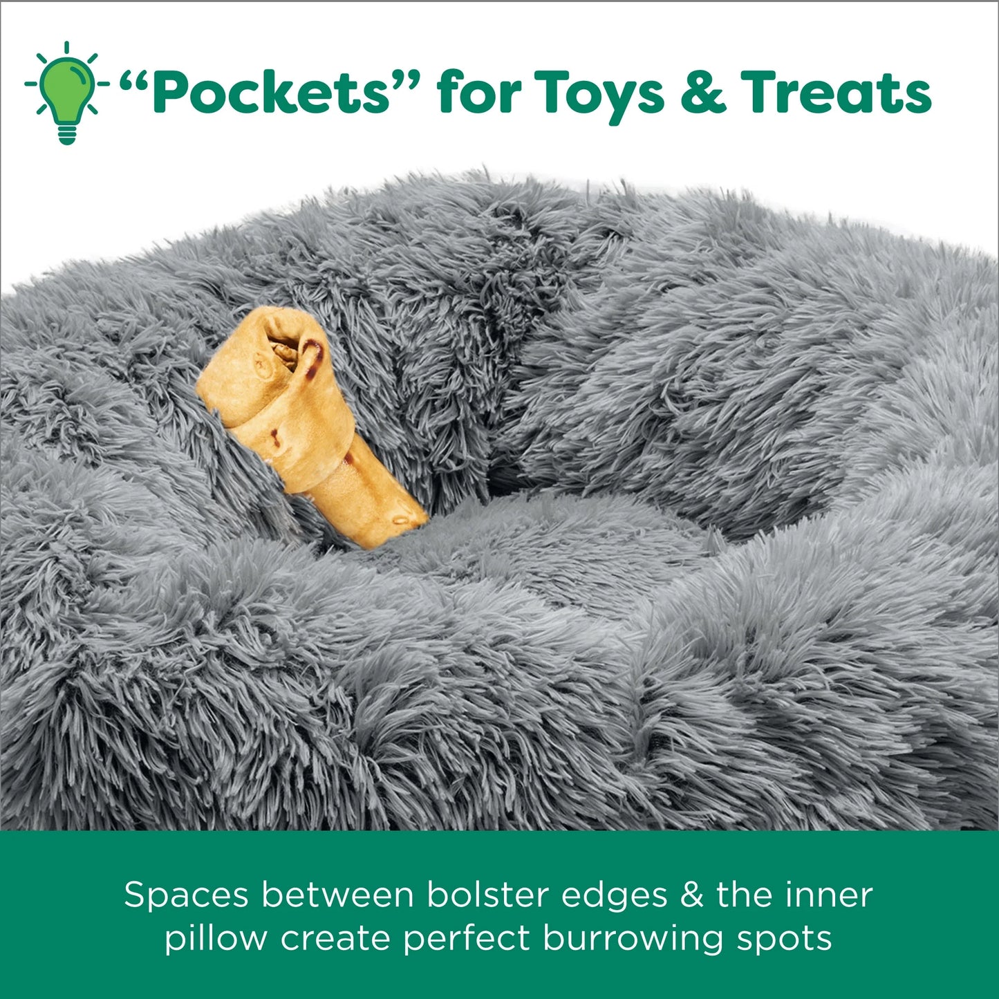 45" round Calming Donut Dog Bed with Washable & Removable Cover & Bolster - Shaggy Plush Long Faux Fur Ball Bed - Gray, for Dogs up to 90 Lbs, Jumbo/Xl