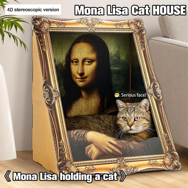 Vagascape Mona Lisa 4D Frame Cat House with Scratching Board, Famous Oil Painting Frame Cardboard Cat Bed, 2025 with Arm Front Panel, Easy-To-Assemble Bed Couch Cave Condo Creative Home Decoration