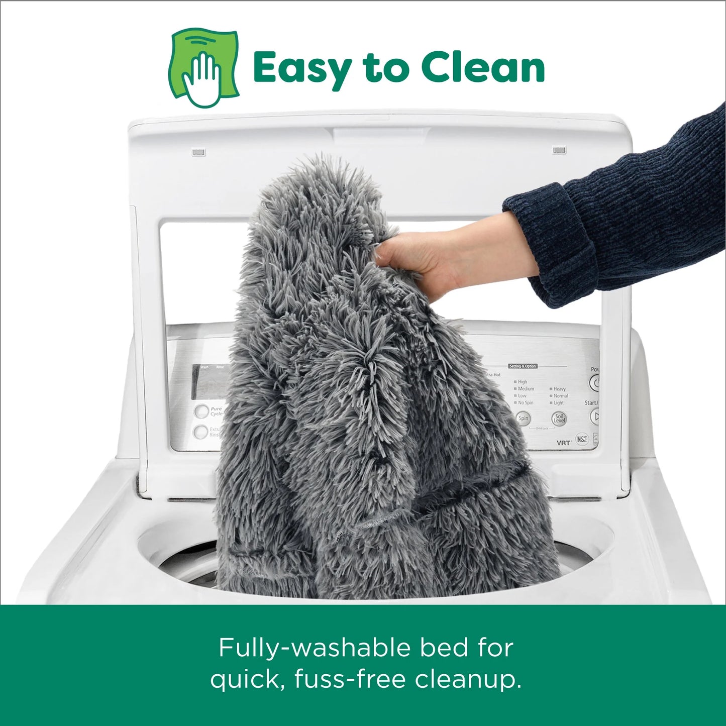 45" round Calming Donut Dog Bed with Washable & Removable Cover & Bolster - Shaggy Plush Long Faux Fur Ball Bed - Gray, for Dogs up to 90 Lbs, Jumbo/Xl