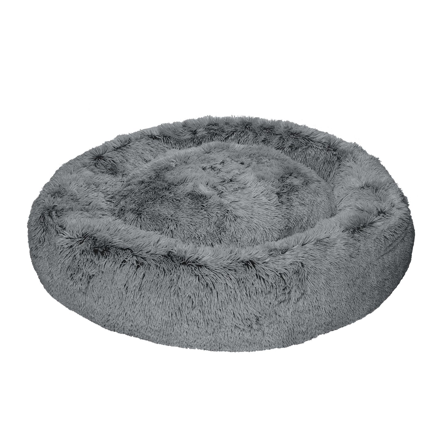 45" round Calming Donut Dog Bed with Washable & Removable Cover & Bolster - Shaggy Plush Long Faux Fur Ball Bed - Gray, for Dogs up to 90 Lbs, Jumbo/Xl