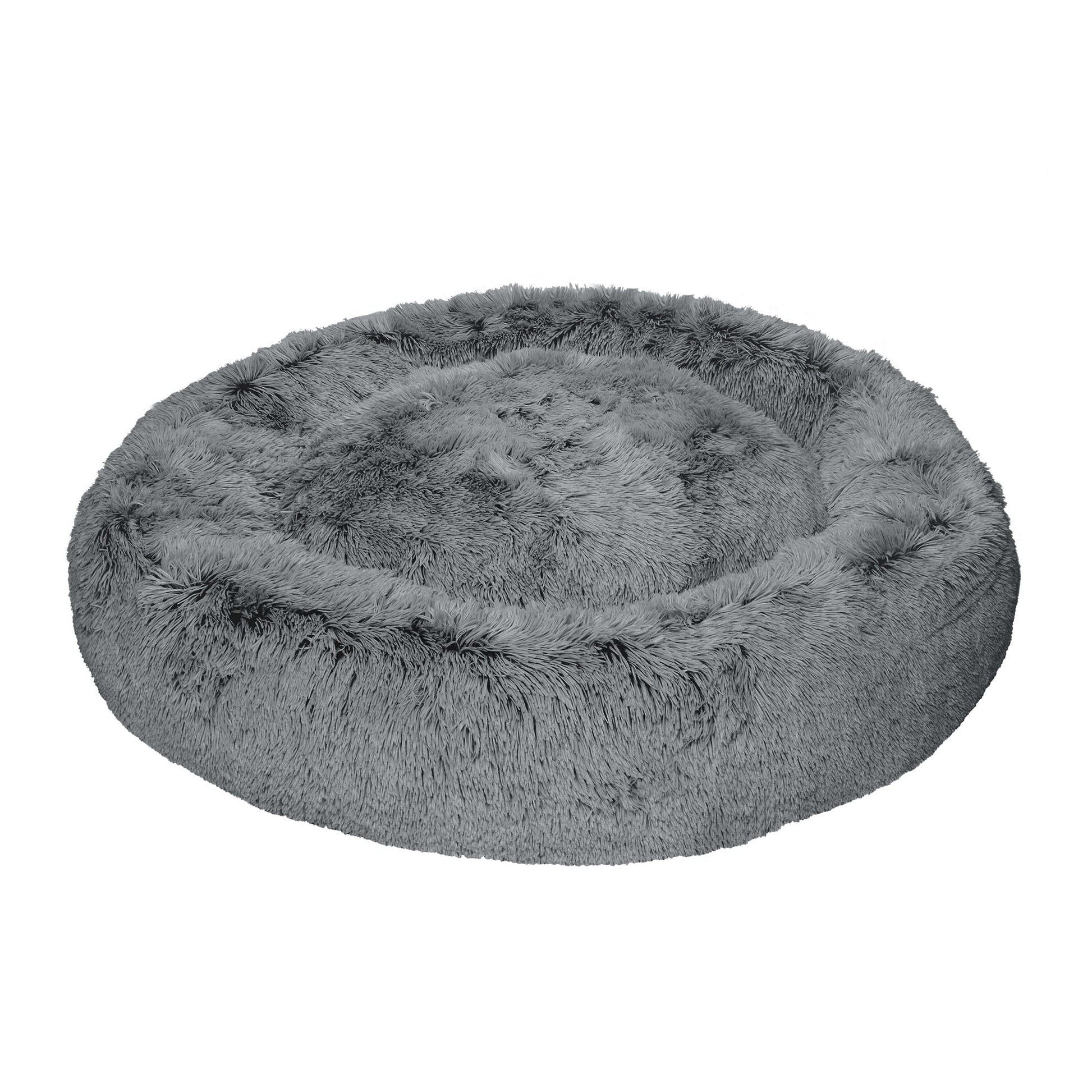 45" round Calming Donut Dog Bed with Washable & Removable Cover & Bolster - Shaggy Plush Long Faux Fur Ball Bed - Gray, for Dogs up to 90 Lbs, Jumbo/Xl
